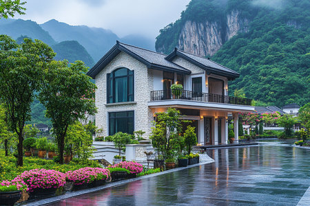 Luxury villa in the garden with mountain background, China.の素材