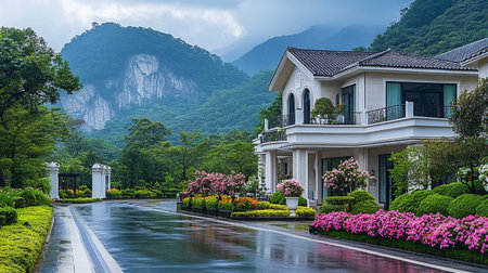 Luxury villa in the park on the background of mountainsの素材