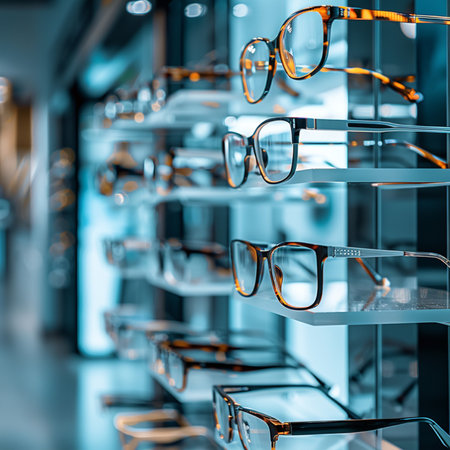 Glasses on display in a shop window. 3d rendering.の素材