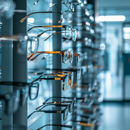 Glasses in a row in a optics store. 3d renderingの素材