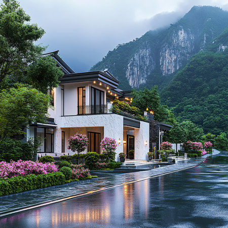 Luxury villa with garden in the evening, China.の素材