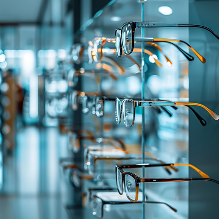 Glasses in a row on a shelf in the optics store.の素材