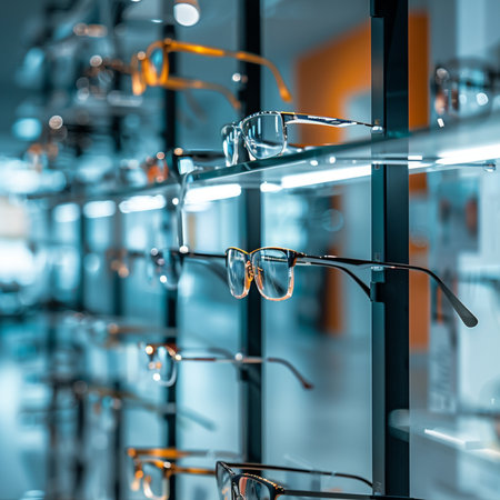 Glasses on display in a optics store. 3d rendering.の素材