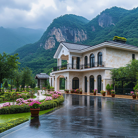 Beautiful villa in the mountain garden with flower bed and green treesの素材