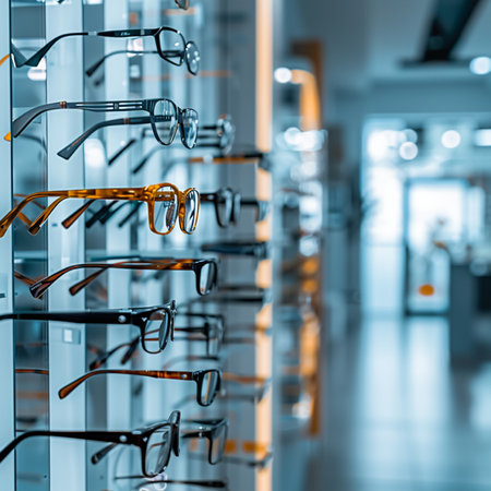 Glasses in a row in a optics store. Selective focus.の素材
