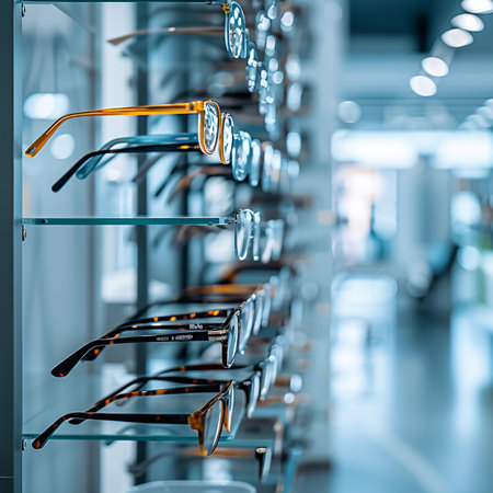 Glasses in a row on the shelf of the optics store.の素材