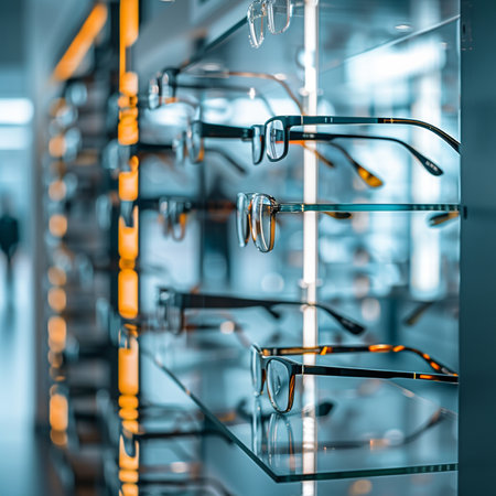 Glasses on display in a shop window. 3d rendering.の素材