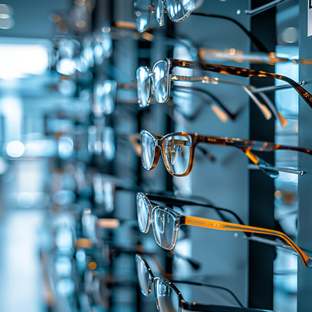 Glasses in a row on a shelf in a optics store.の素材