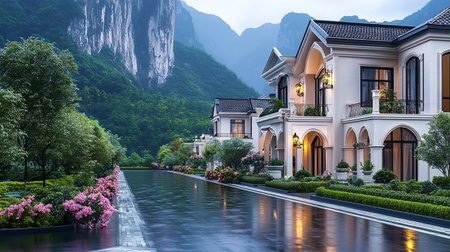 Beautiful landscape of a luxury hotel in Guilin, China.の素材