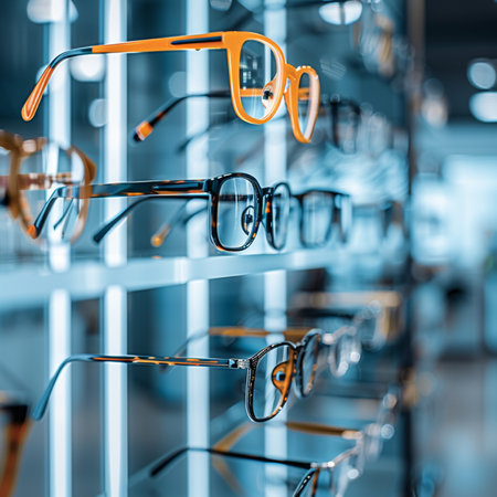 Glasses in a row in a optics store. 3d renderingの素材