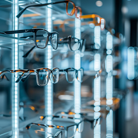 Glasses on shelves in optics store, close-up. Selective focusの素材