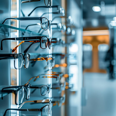 Glasses on display in optician shop, close-up.の素材