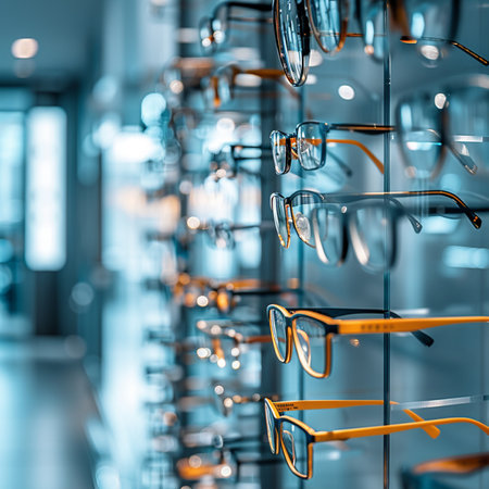 Glasses in a row in a modern optics store. 3d renderingの素材