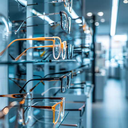 Glasses in a row on shelf in optics store. Selective focusの素材