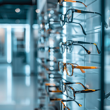 Glasses in rows in optician store. Selective focus.の素材