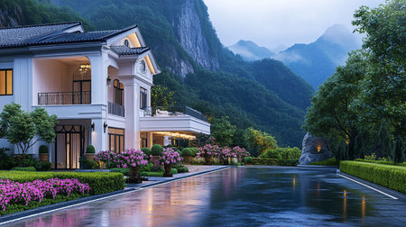 Luxury villa in the mountains at sunset, South Chinaの素材