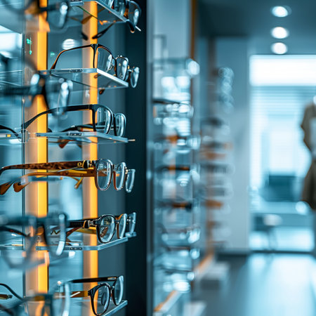 Glasses in a row in a optics store. 3d renderingの素材