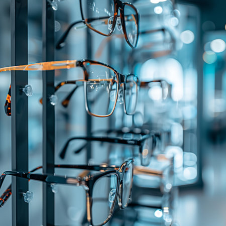 Glasses on display in a optics store. Selective focus.の素材