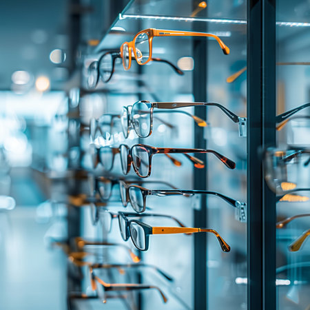 Glasses on display at a optician's shop in Paris, Franceの素材