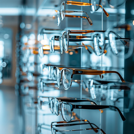 Glasses in a row on a shelf in a modern optics storeの素材