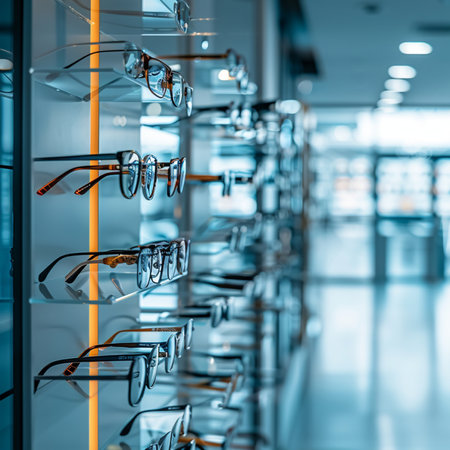 Glasses in a row on a shelf in a modern optics storeの素材
