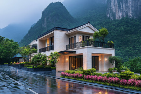 Luxury house in the middle of the road in the eveningの素材
