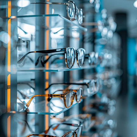Glasses on display in a optician shop. 3d renderingの素材