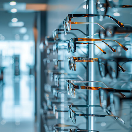 Glasses for vision correction in modern optics store, close-upの素材