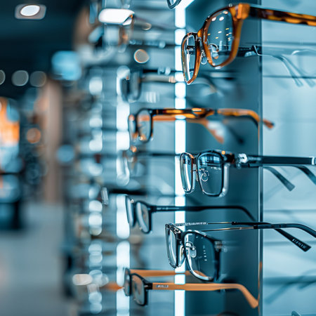 Glasses on display in optician shop, closeup of eyeglassesの素材
