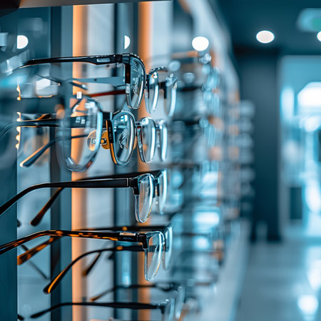 Glasses for sight and vision correction in a modern optics store.の素材