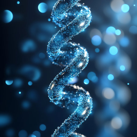 3D illustration DNA helix on a blue background with bokehの素材
