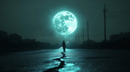 Man standing on the road and looking at the full moon. 3D rendering.の素材
