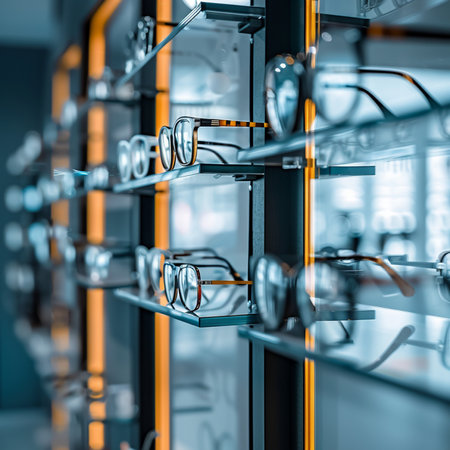 Glasses on display in a modern optical store. 3d renderingの素材