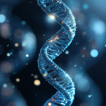 3d illustration of DNA strand with glowing particles. Science background.の素材