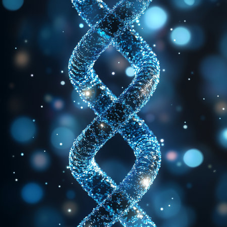 3d rendering DNA helix with glowing particles on dark blue backgroundの素材