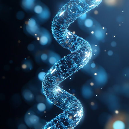 3d rendering DNA structure in blue light on a dark blue backgroundの素材