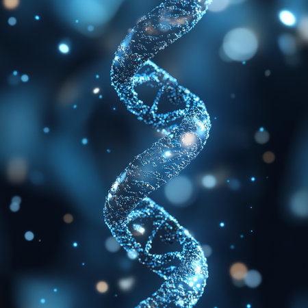 3d rendering DNA helix with glowing particles on blue background, computer generated imagesの素材