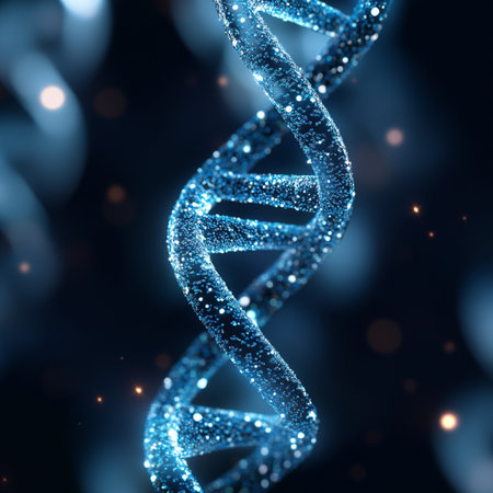 Digital illustration DNA structure in blue light with bokeh effect. 3D renderingの素材