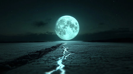 Full moon over the frozen lake at night. 3D rendering.の素材