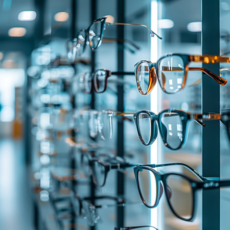 Glasses on display in a optics store. Selective focus.の素材