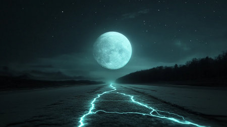 Conceptual image of a path leading to the full moon.の素材