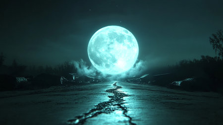 Full moon over the road in the forest at night. 3D renderingの素材