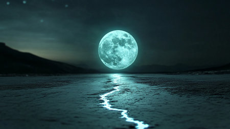 Full moon in the night sky over the sea. 3d renderingの素材