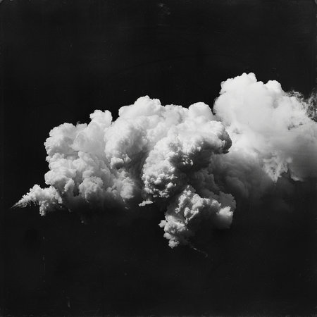 Big cloud of smoke on a dark background. Black and white.の素材