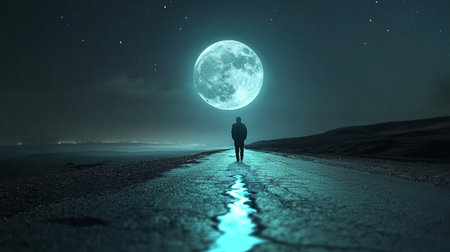 Man standing on the road and looking at the full moon. 3D renderingの素材