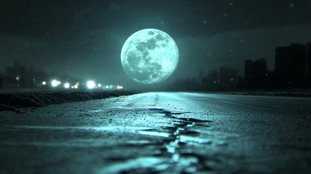 Foggy night road with full moon. 3D rendering.の素材