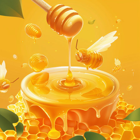 Honey background with honeycombs and bee. Vector illustration.の素材