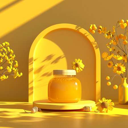 Honey in a jar on a yellow background. 3d renderingの素材