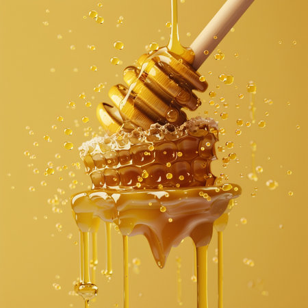 Honey dripping from a wooden honey dipper on a yellow backgroundの素材