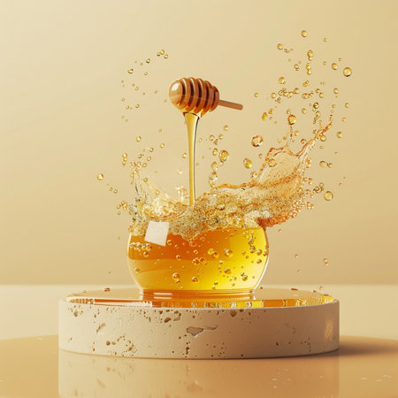 Honey splash with wooden honey dipper. 3d rendering toned imageの素材
